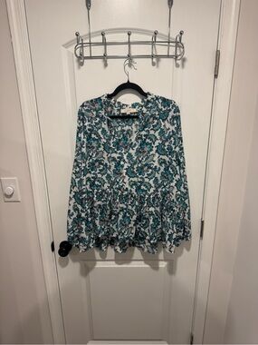LOFT Teal and White Floral V-Neck Peplum Blouse